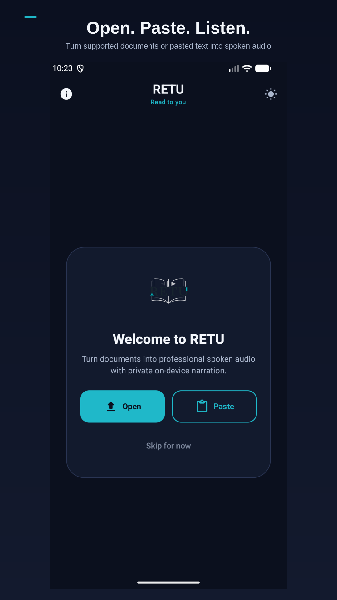 RETU welcome screen with options to open a document or paste text
