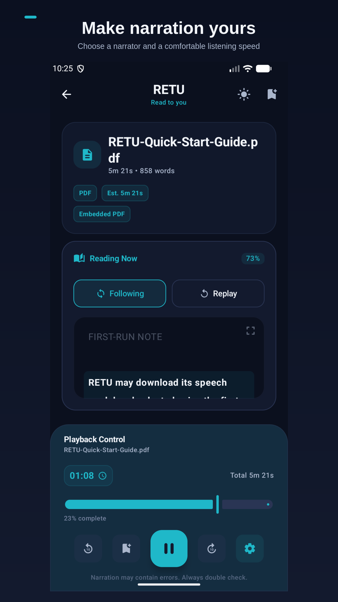 RETU document reader with narration and playback speed controls